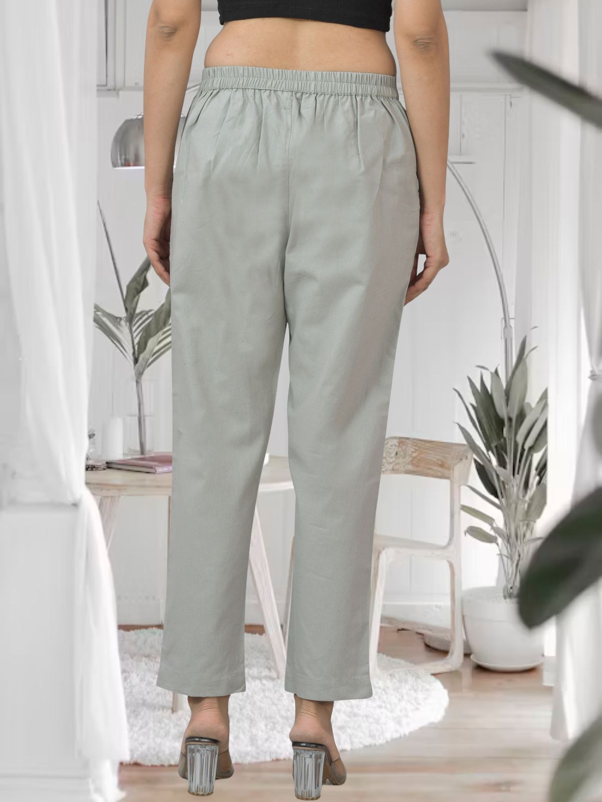 Melange Grey Half Elastic Airy Linen Cotton Pants