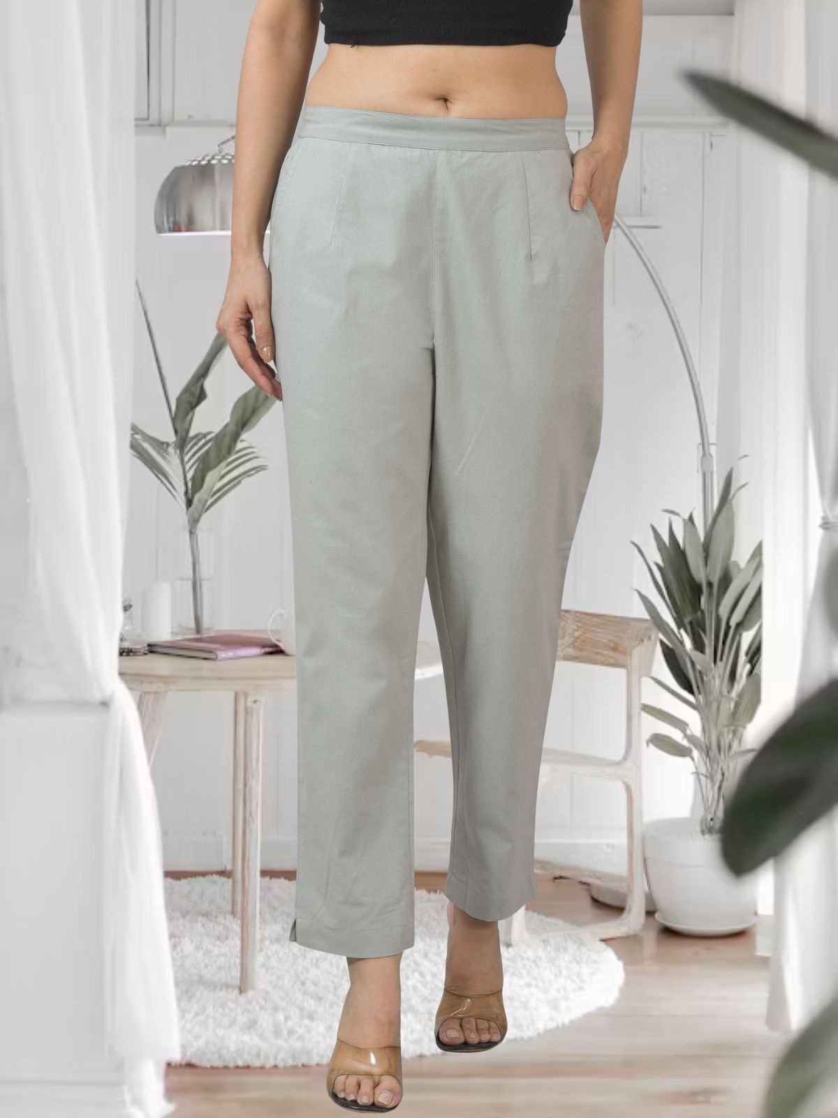 Melange Grey Half Elastic Airy Linen Cotton Pants