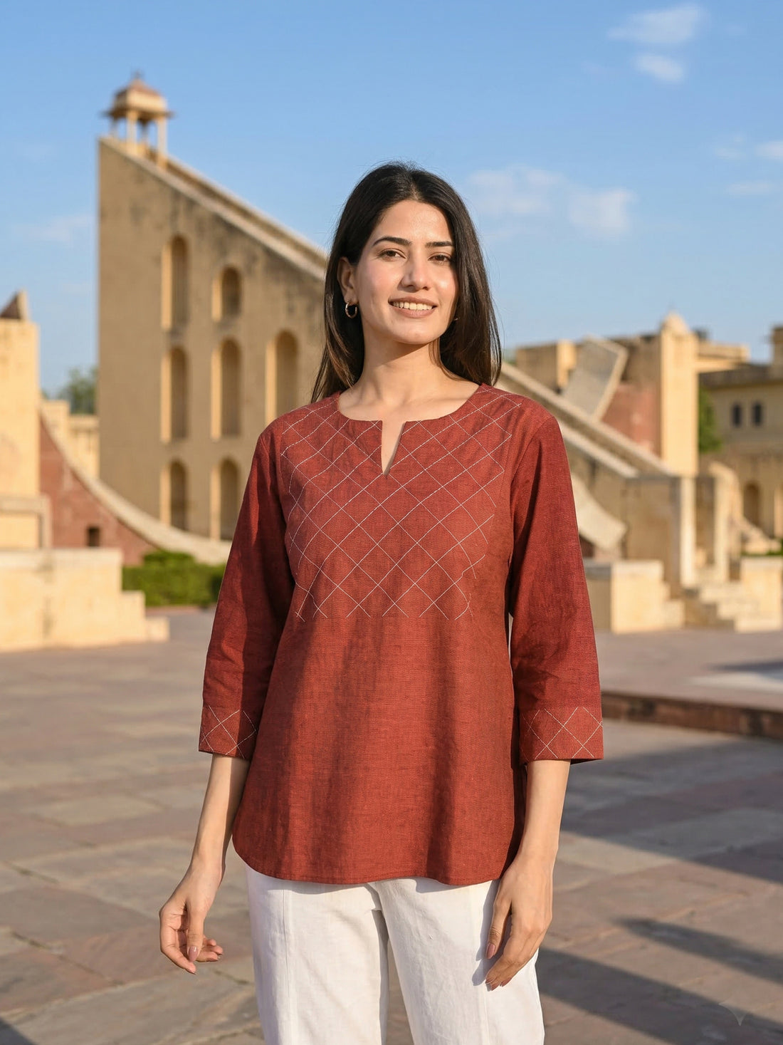 Maroon Handloom Cotton Yoke Top