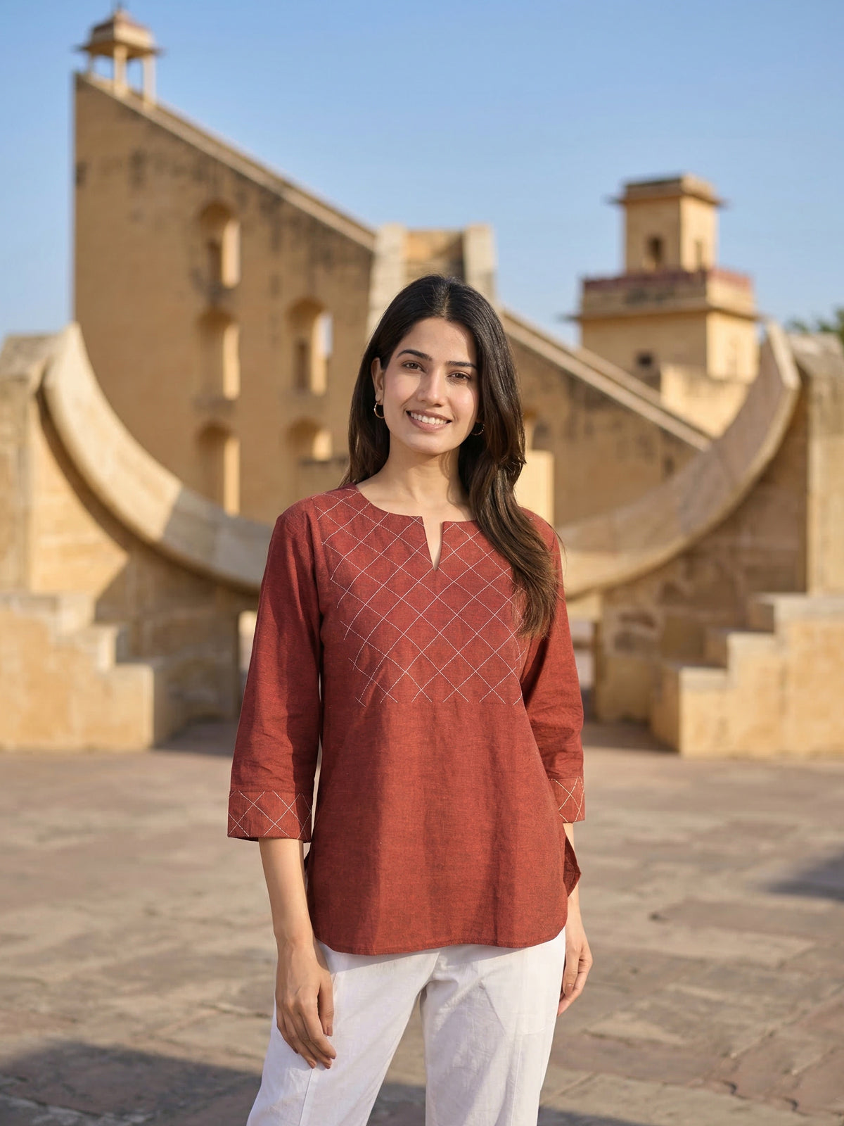 Maroon Handloom Cotton Yoke Top