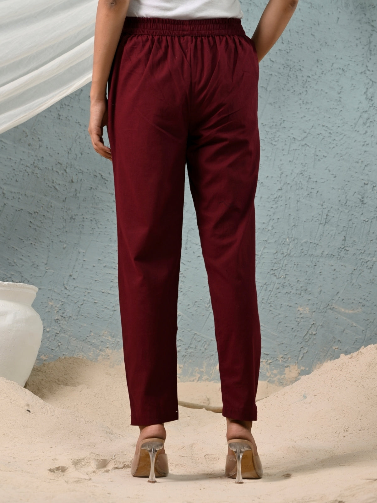 Maroon Regular Fit Elastic Cotton Trouser