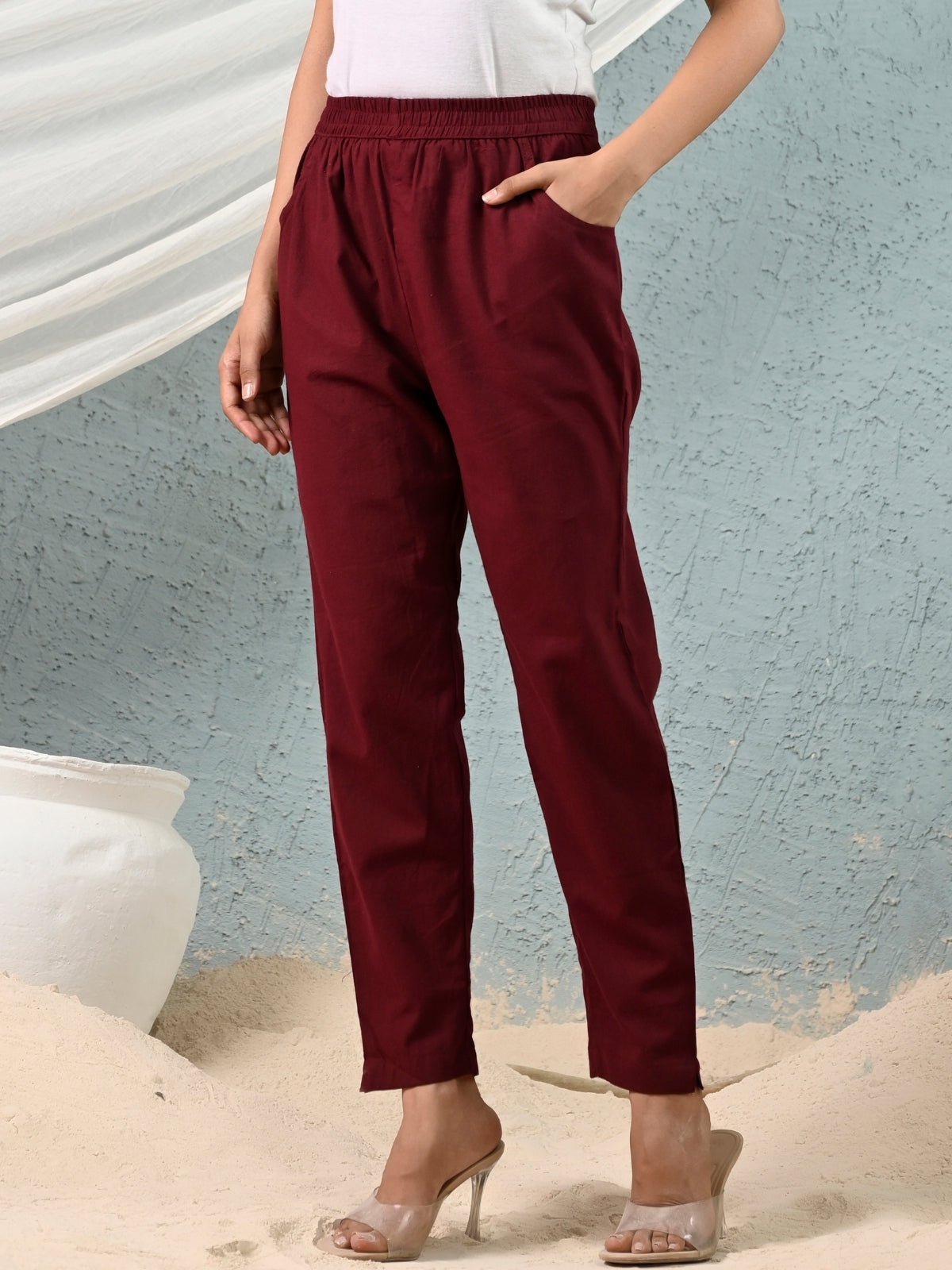 Maroon Regular Fit Elastic Cotton Trouser