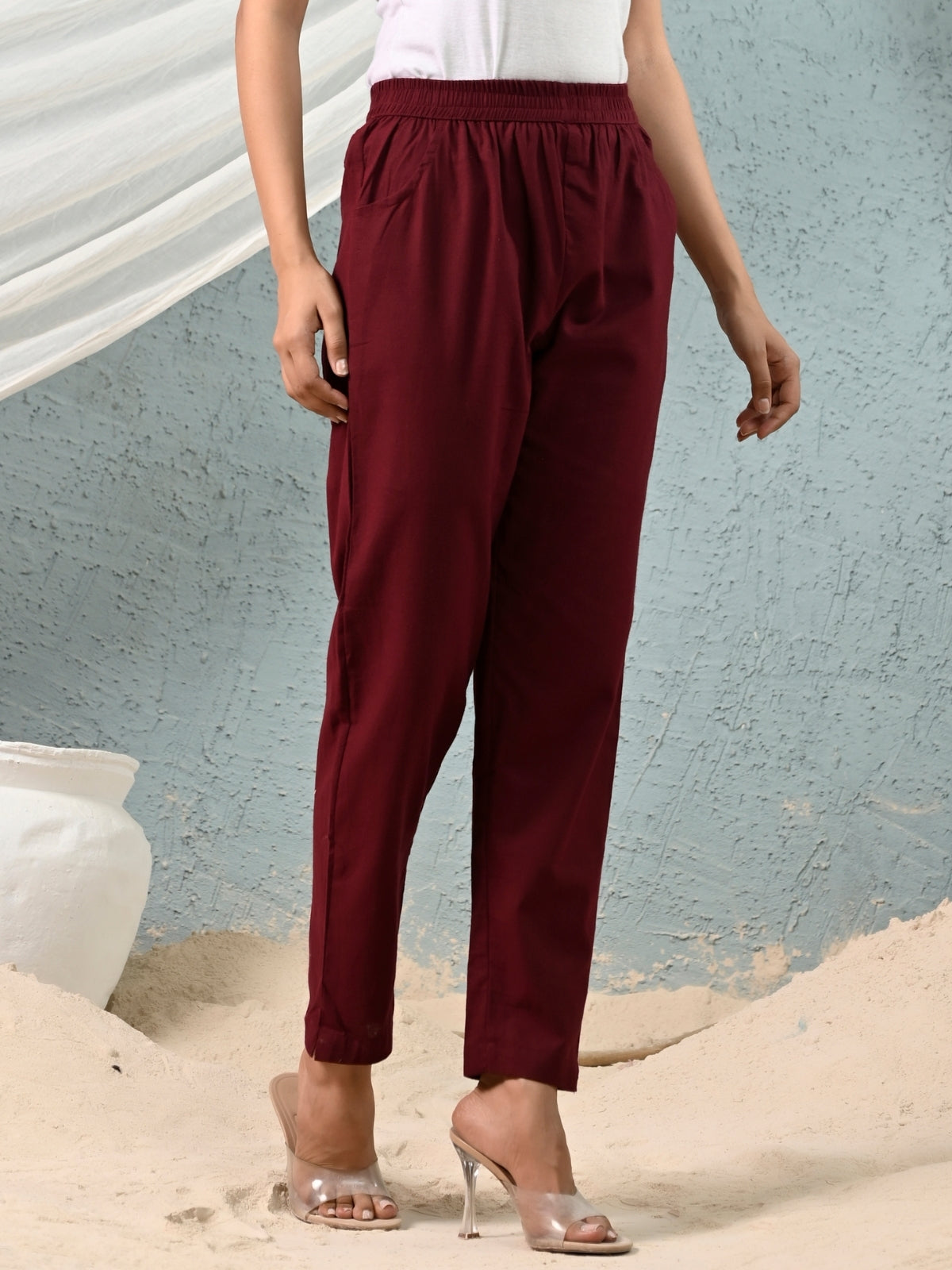 Maroon Regular Fit Elastic Cotton Trouser