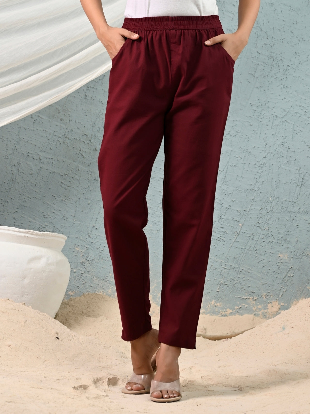 Maroon Regular Fit Elastic Cotton Trouser