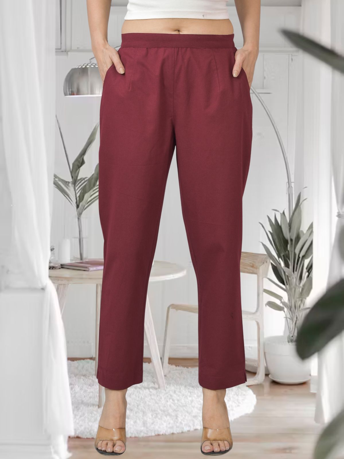 Maroon Half Elastic Airy Linen Cotton Pants