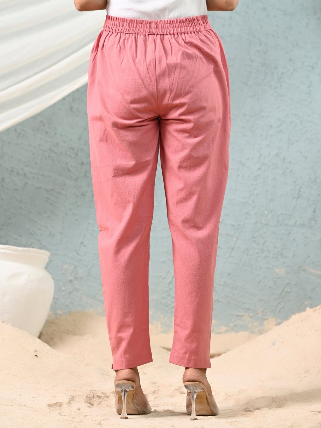 Mauve Pink Regular Fit Elastic Cotton Trouser