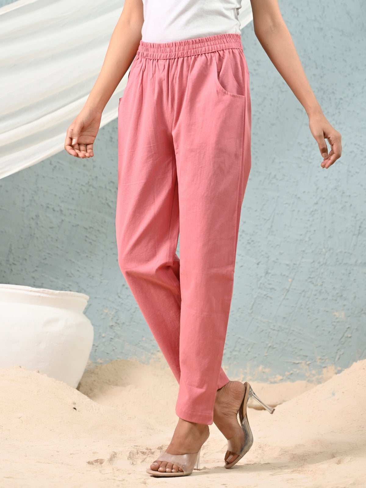 Mauve Pink Regular Fit Elastic Cotton Trouser