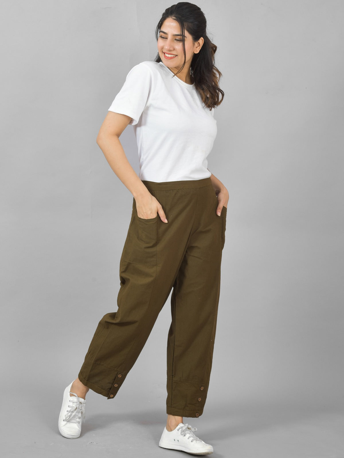 Mehndi Green Side Pocket Pure Cotton Straight Cargo Pant
