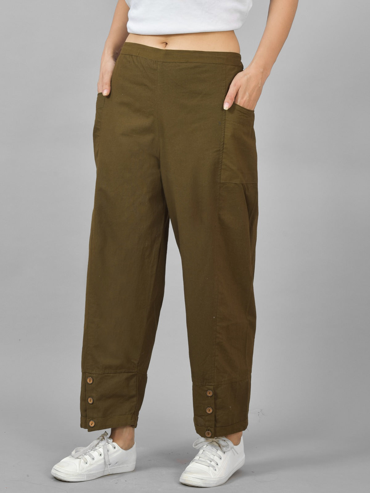 Mehndi & White Cotton Straight Cargo Pant Combo