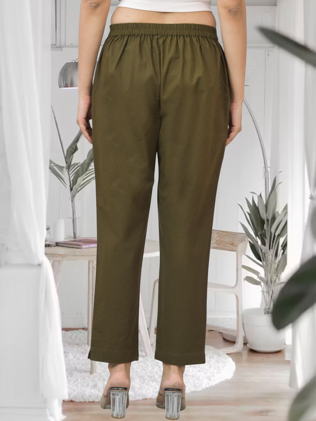 Mehendi Green Half Elastic Airy Linen Cotton Pants