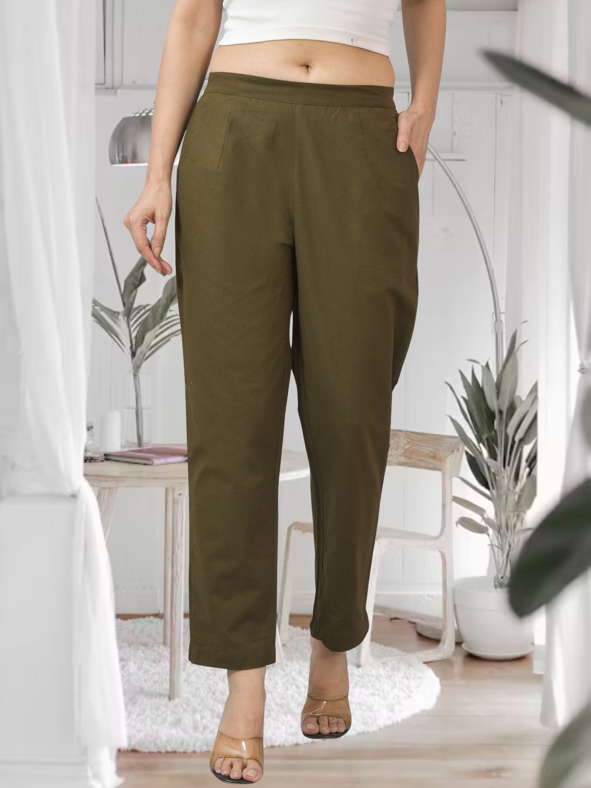 Mehendi Green Half Elastic Airy Linen Cotton Pants