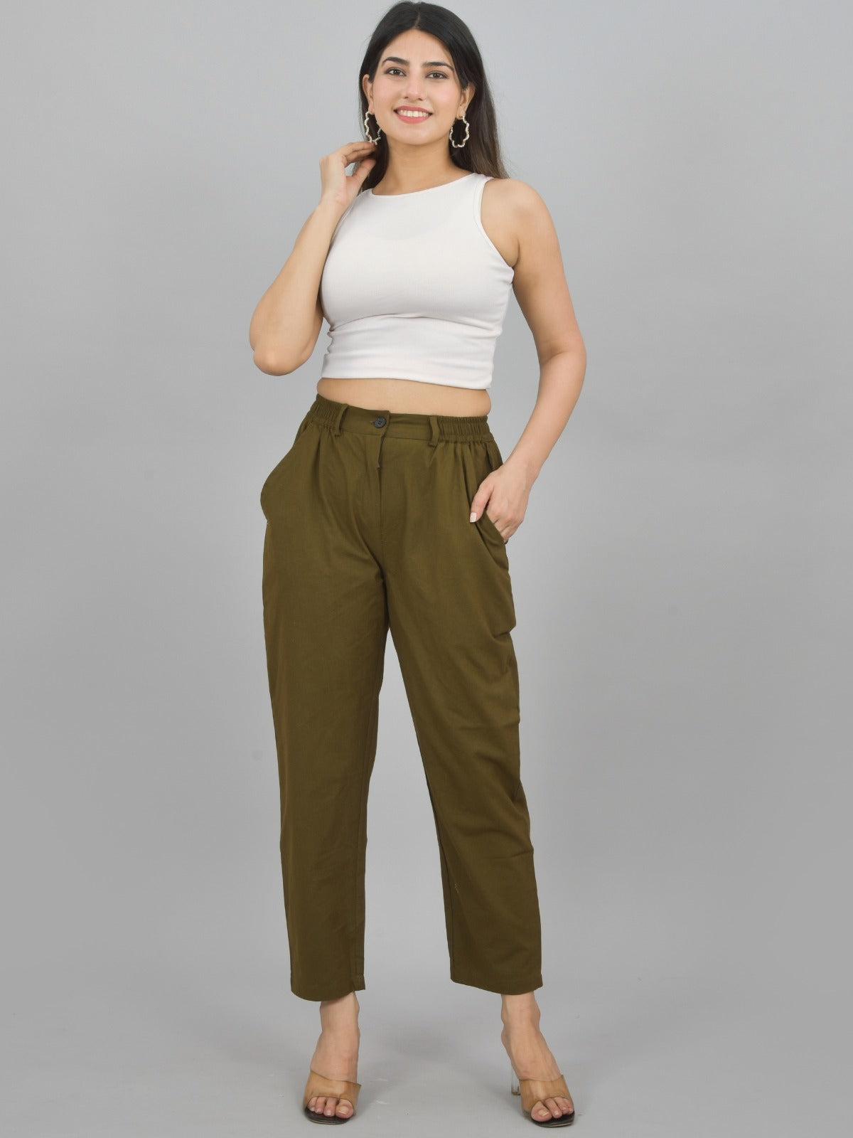 Mehndi & White-Regular Fit Cotton Formal Trouser Combo
