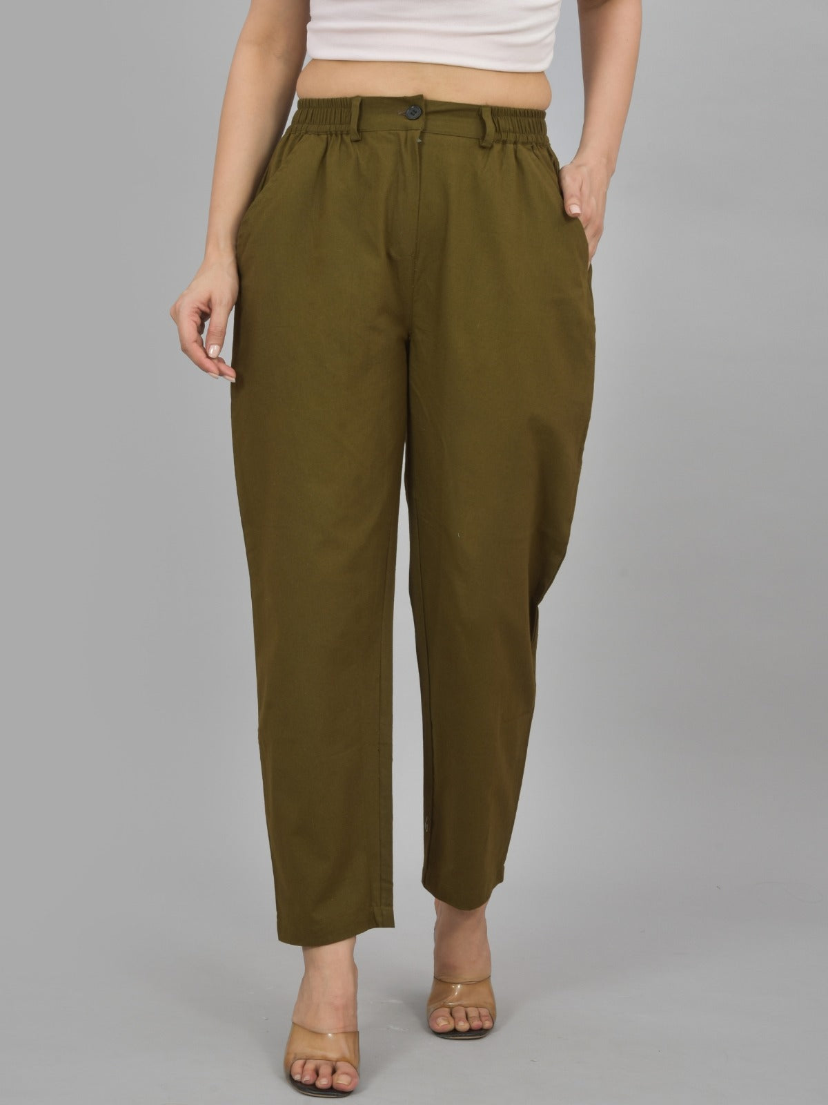 Mehndi & White-Regular Fit Cotton Formal Trouser Combo