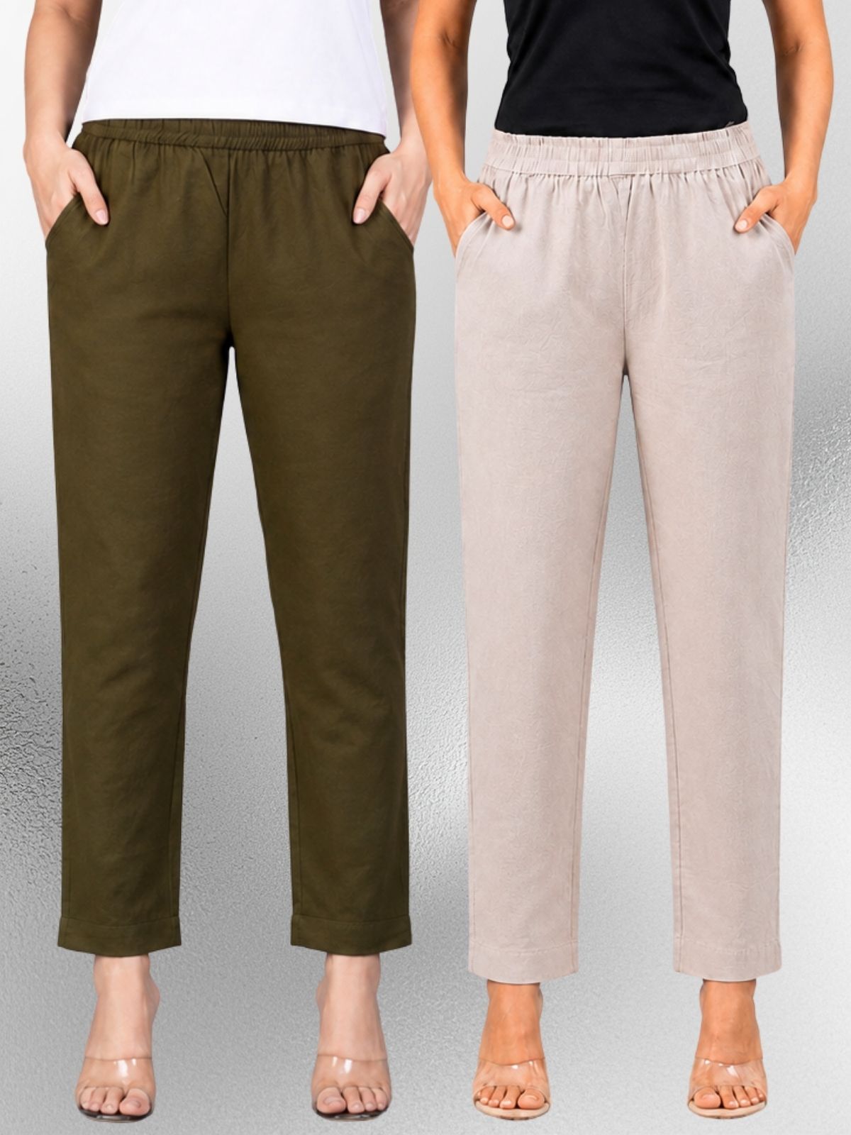 Mehendi & Melange Regular Fit Elastic Cotton Trouser Combo