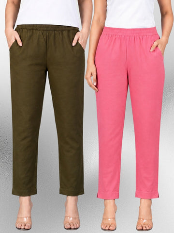Mehendi & Mauvepink Regular Fit Elastic Cotton Trouser Combo