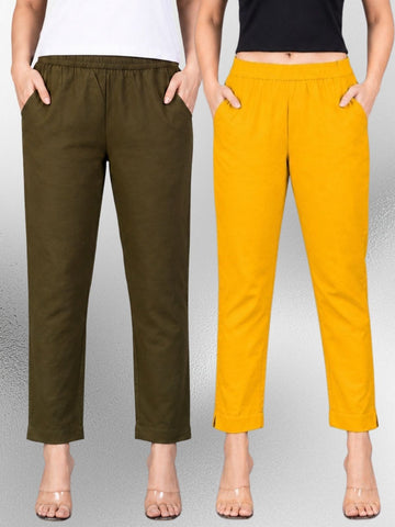 Mehendi & Mustard Regular Fit Elastic Cotton Trouser Combo