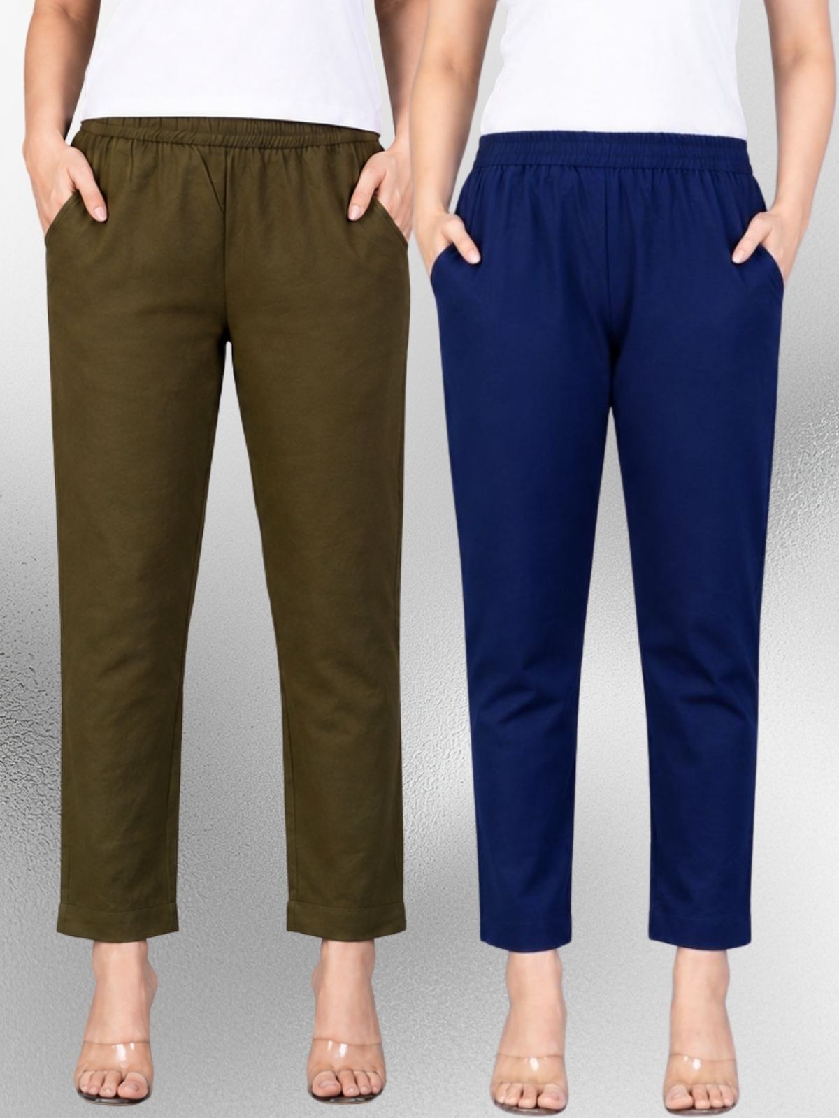 Mehendi & Navyblue Regular Fit Elastic Cotton Trouser Combo
