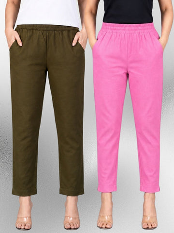 Mehendi & Pink Regular Fit Elastic Cotton Trouser Combo