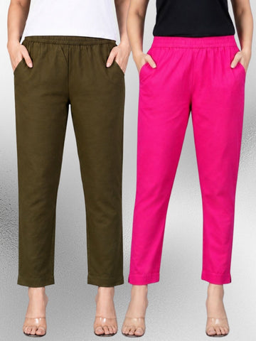 Mehendi & Rani Regular Fit Elastic Cotton Trouser Combo