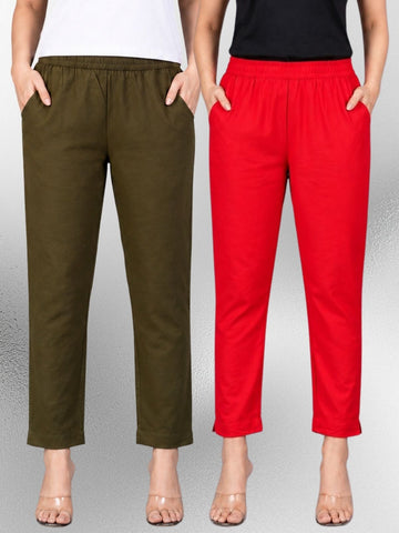 Mehendi & Red Regular Fit Elastic Cotton Trouser Combo