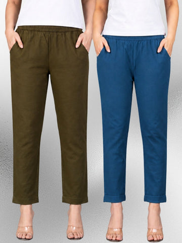 Mehendi & Tealblue Regular Fit Elastic Cotton Trouser Combo