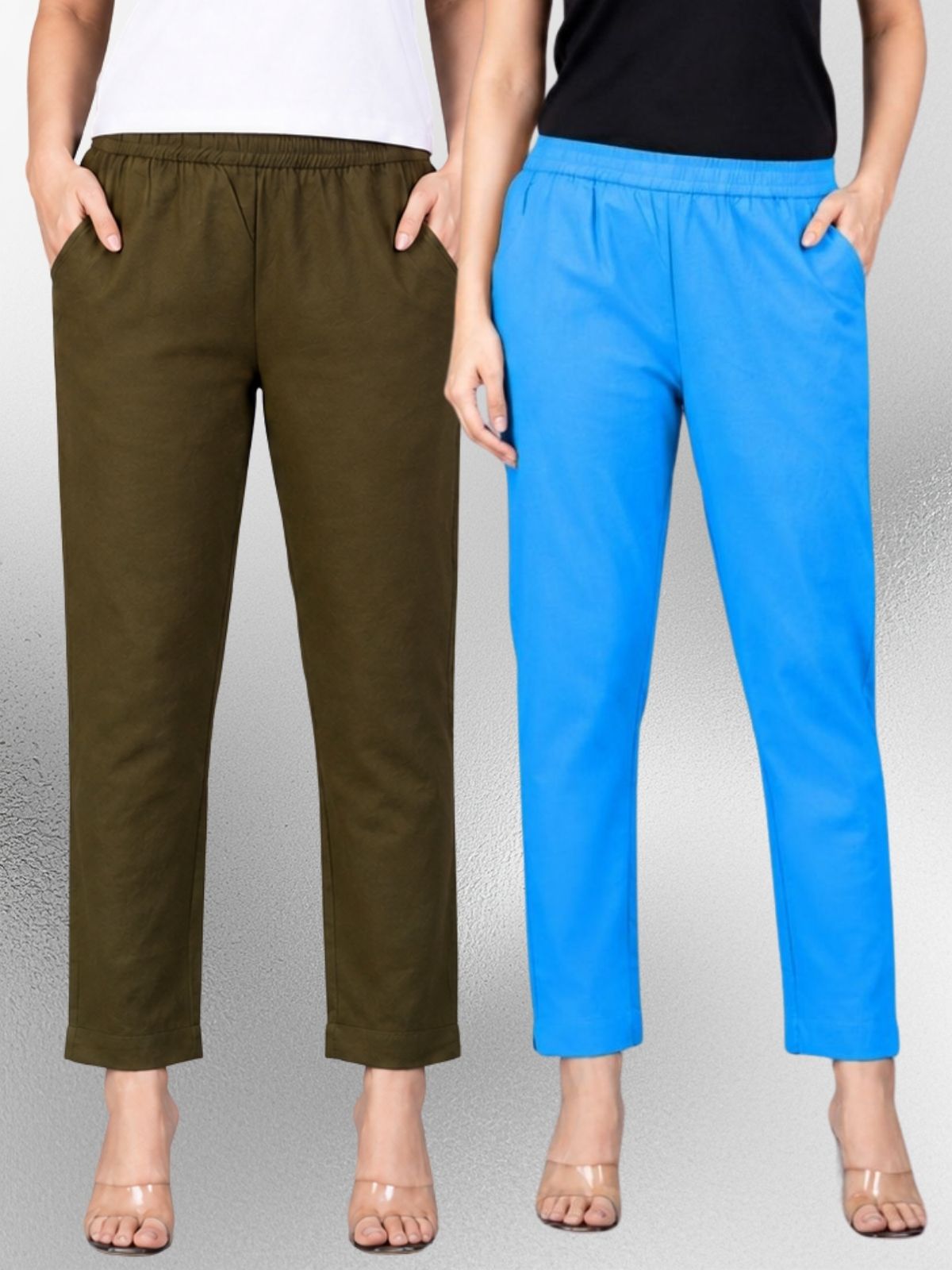 Mehendi & Turquoise Regular Fit Elastic Cotton Trouser Combo