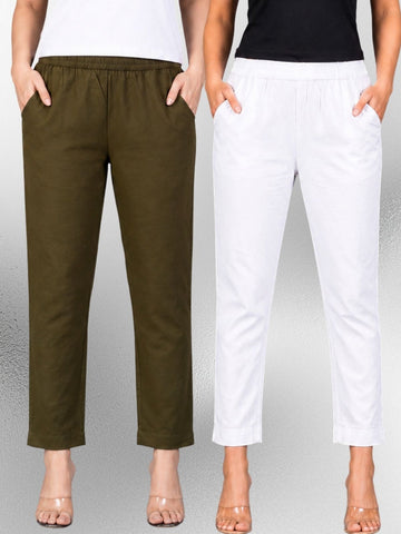 Mehendi & White Regular Fit Elastic Cotton Trouser Combo