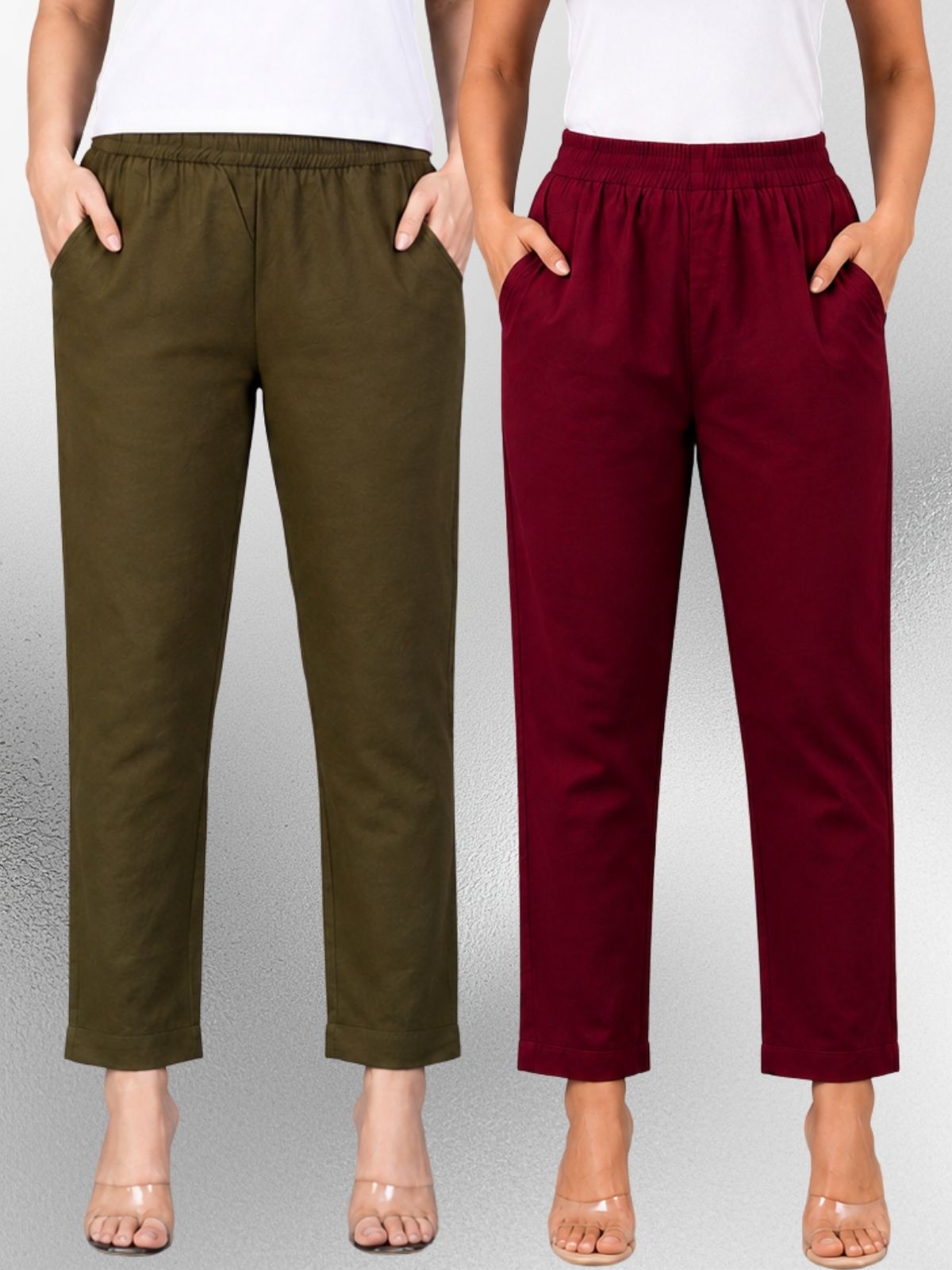 Mehendi & Wine Regular Fit Elastic Cotton Trouser Combo