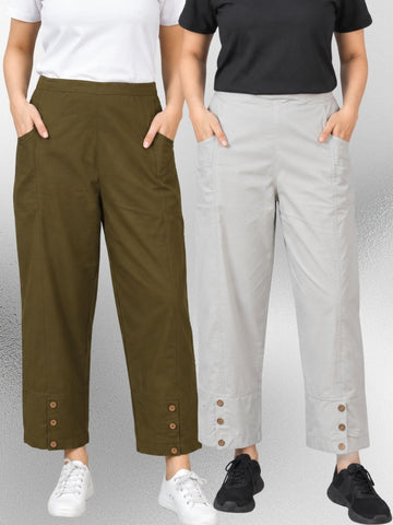 Mehndi & Melange Cotton Straight Cargo Pant Combo