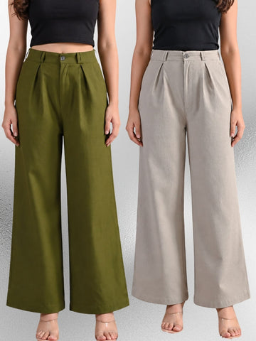 Mehndi & Melange-Cotton Wide Leg Pants Combo