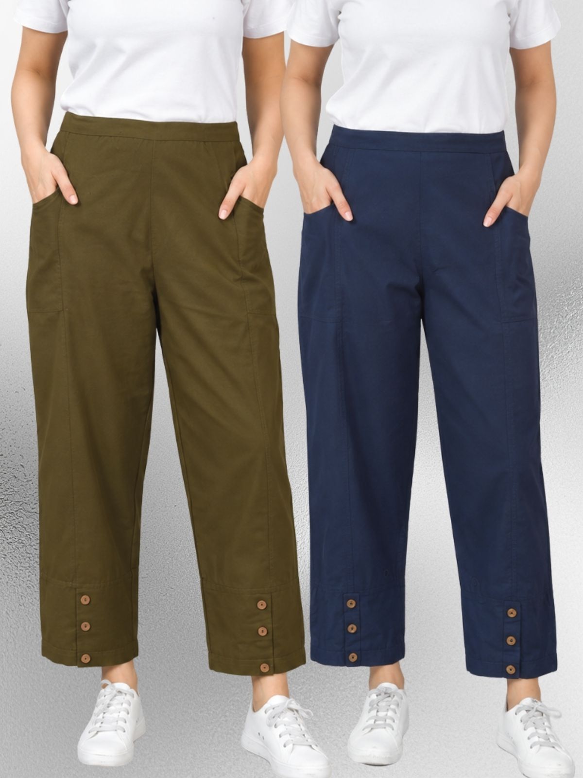 Mehndi & NavyBlue Cotton Straight Cargo Pant Combo