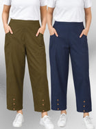Mehndi & NavyBlue Cotton Straight Cargo Pant Combo