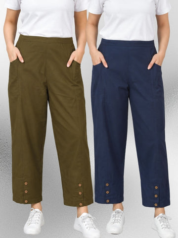 Mehndi & NavyBlue Cotton Straight Cargo Pant Combo