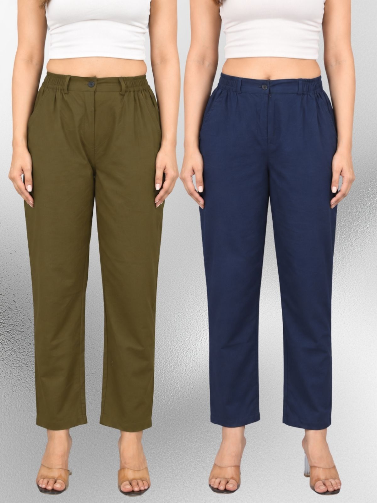 Mehndi & Navyblue-Regular Fit Cotton Formal Trouser Combo