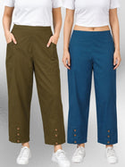Mehndi & TealBlue Cotton Straight Cargo Pant Combo