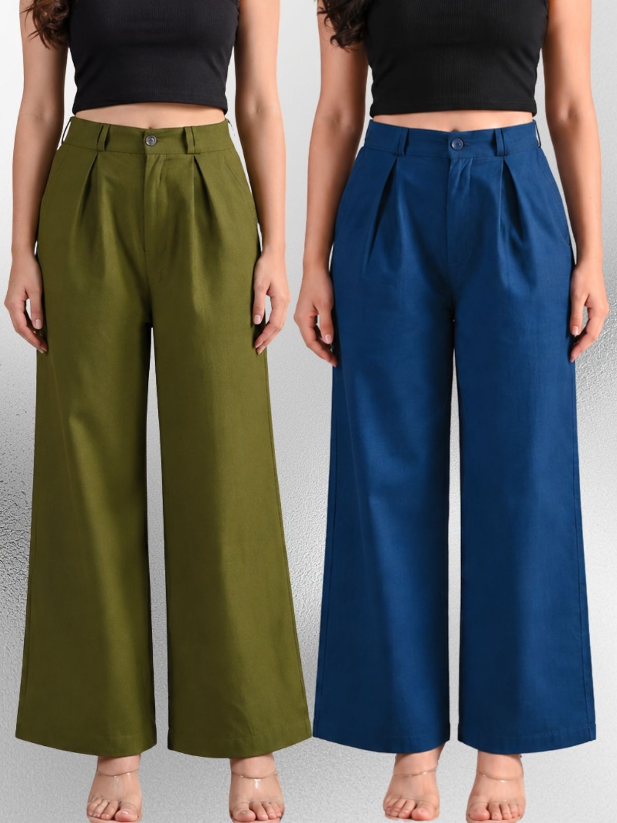 Mehndi & Tealblue-Cotton Wide Leg Pants Combo
