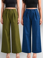 Mehndi & Tealblue-Cotton Wide Leg Pants Combo