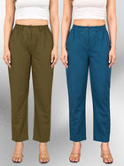 Mehndi & Tealblue Regular Fit Cotton Formal Trouser Combo