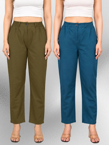 Mehndi & Tealblue-Regular Fit Cotton Formal Trouser Combo