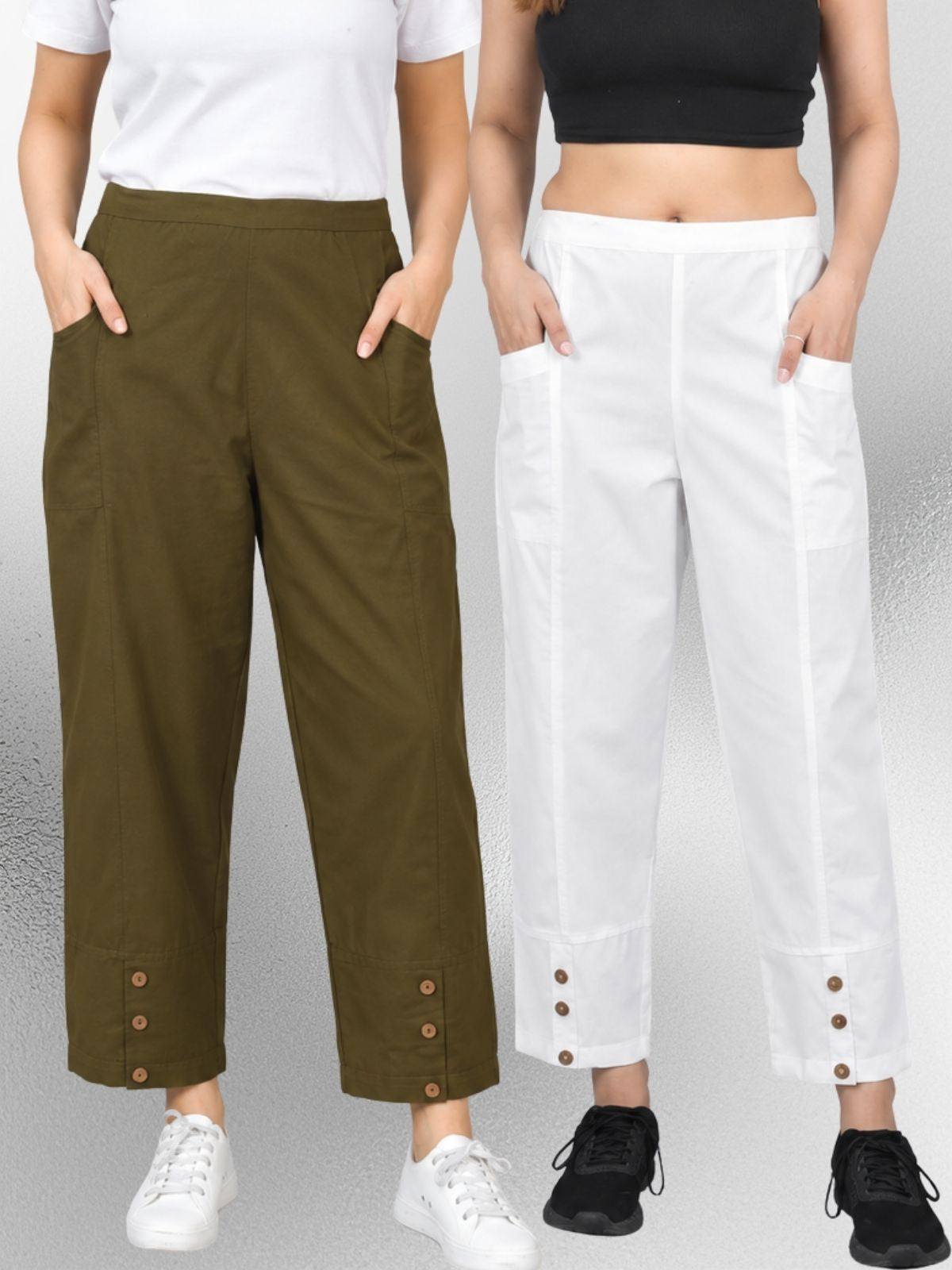 Mehndi & White Cotton Straight Cargo Pant Combo