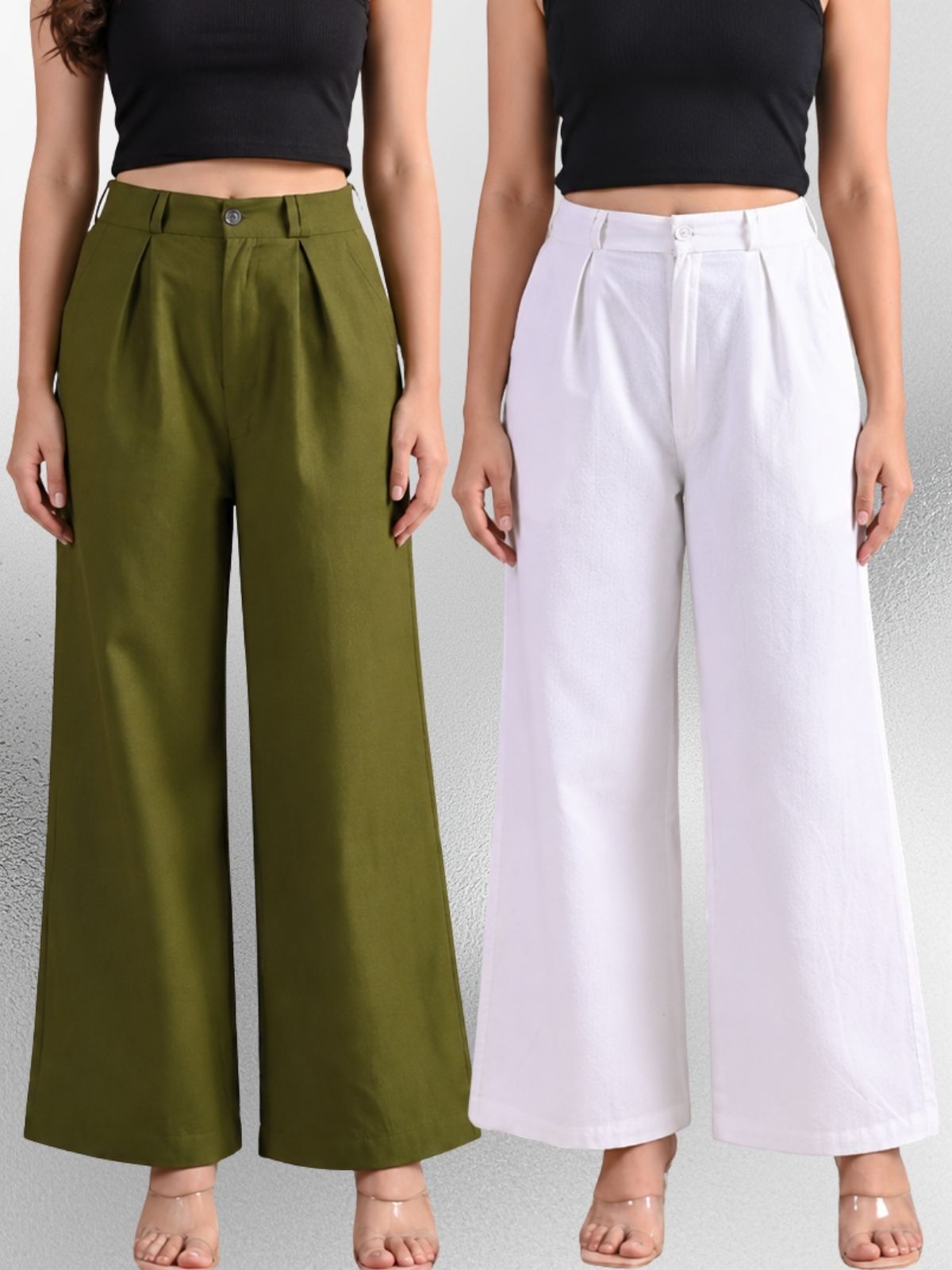 Mehndi & White-Cotton Wide Leg Pants Combo