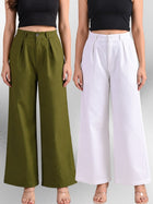 Mehndi & White-Cotton Wide Leg Pants Combo