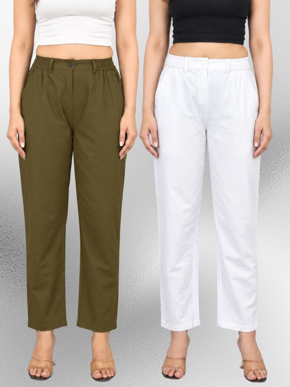 Mehndi & White-Regular Fit Cotton Formal Trouser Combo