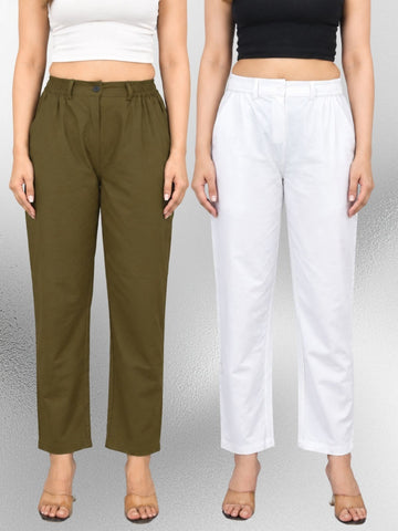 Mehndi & White-Regular Fit Cotton Formal Trouser Combo