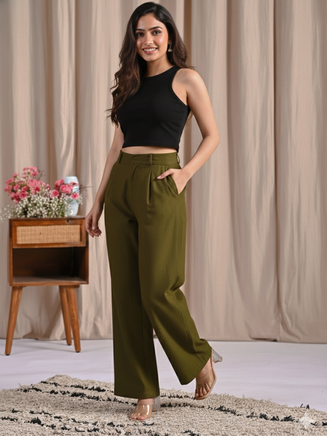 Mehendi Green Cotton Wide Leg Pants