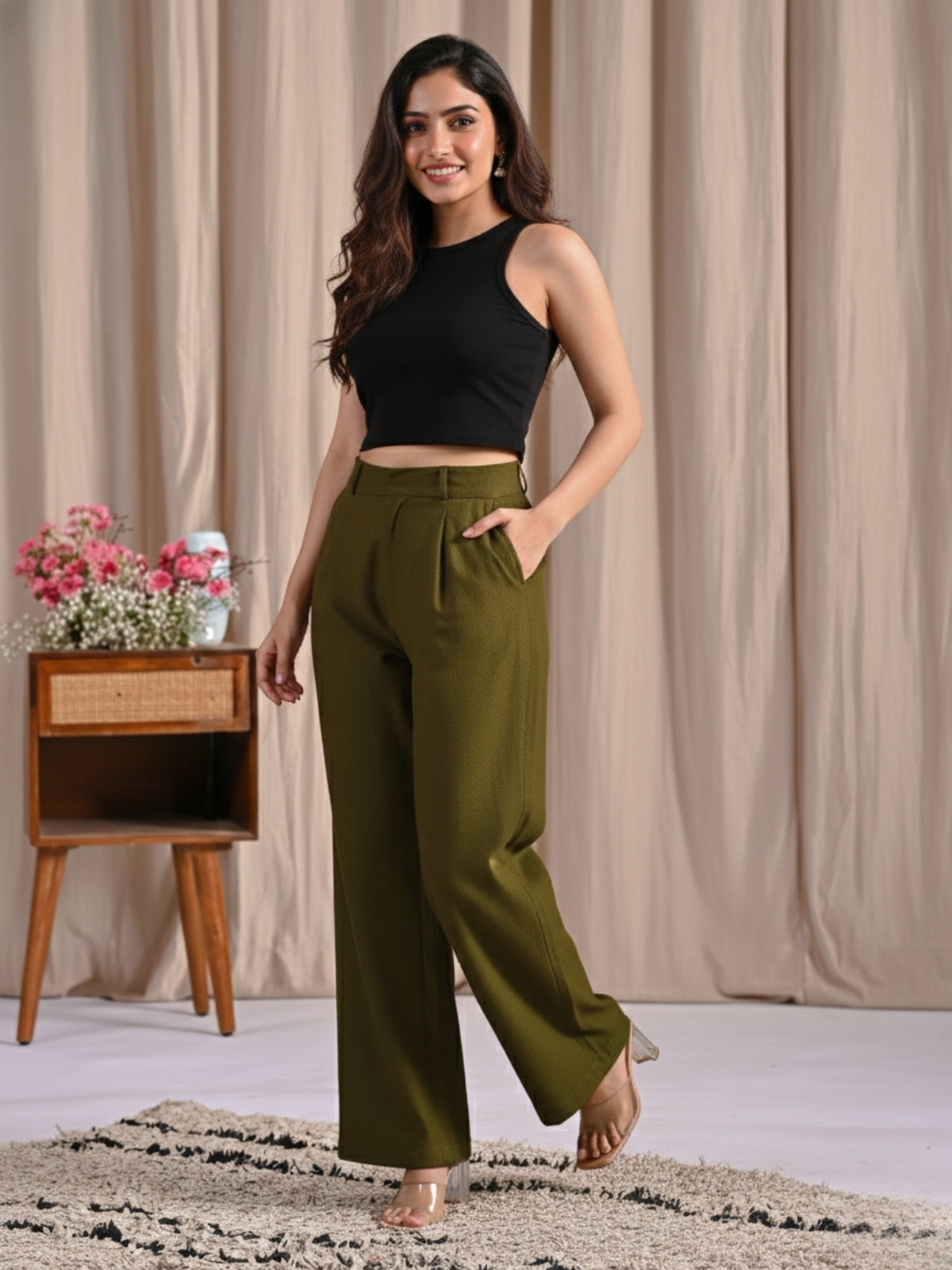 Mehndi & Melange-Cotton Wide Leg Pants Combo