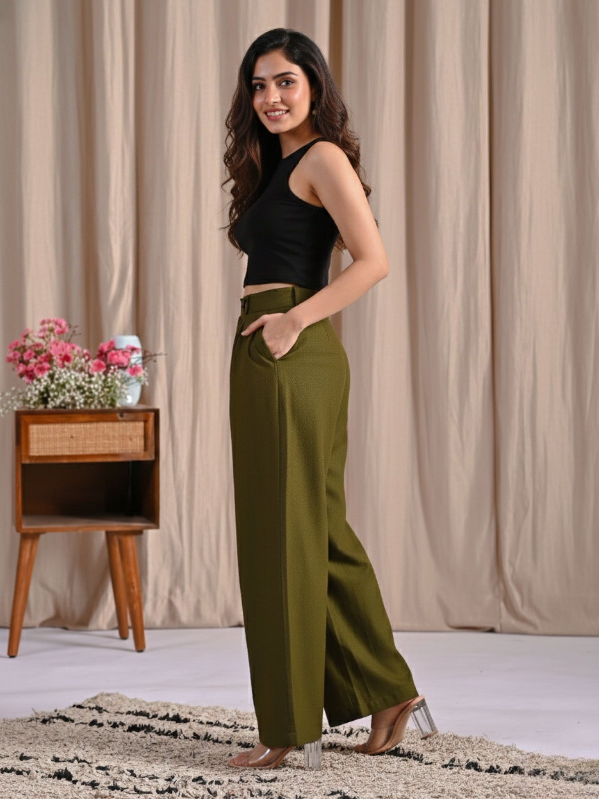 Mehendi Green Cotton Wide Leg Pants