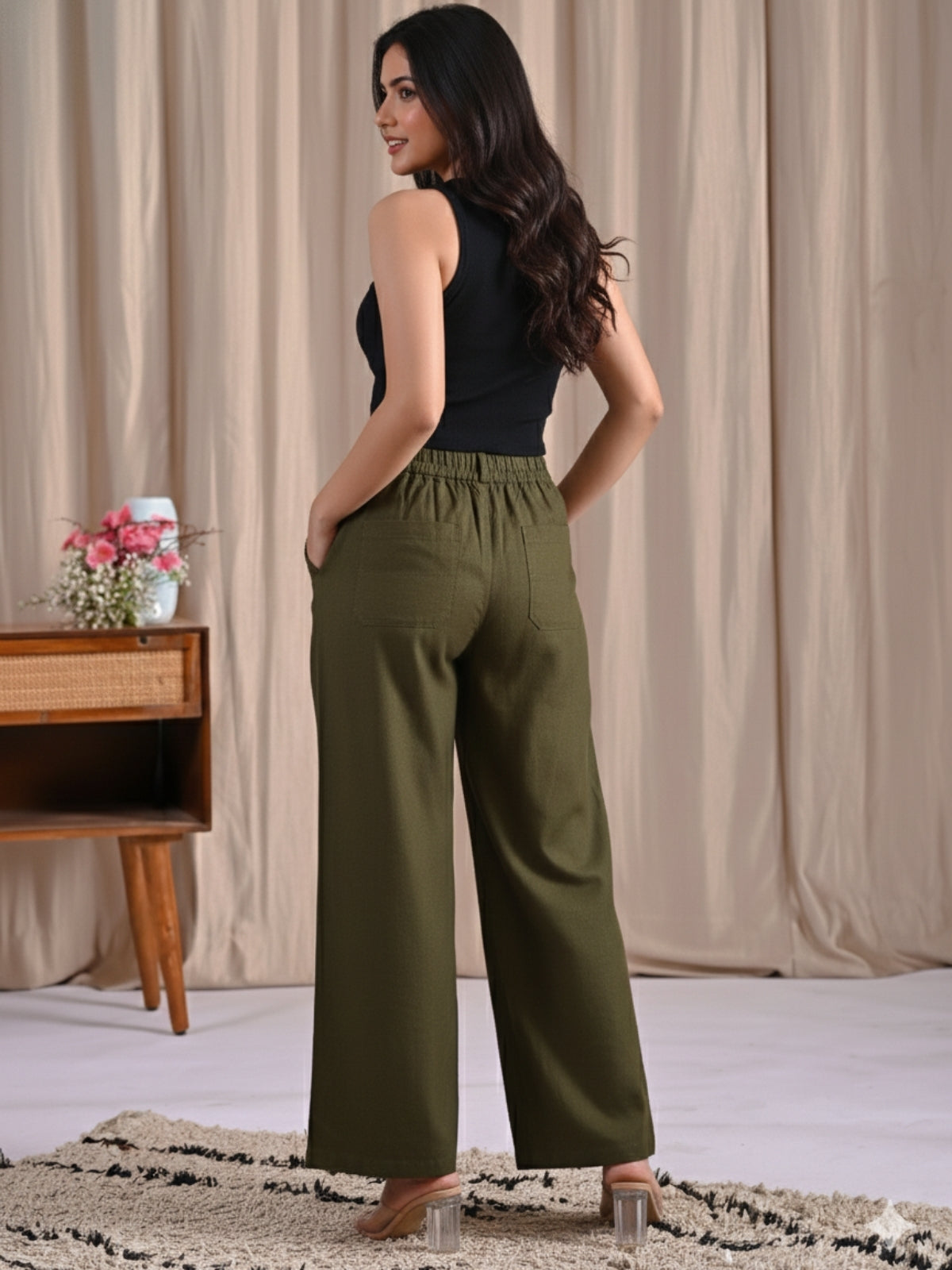 Mehendi Green Cotton Wide Leg Pants