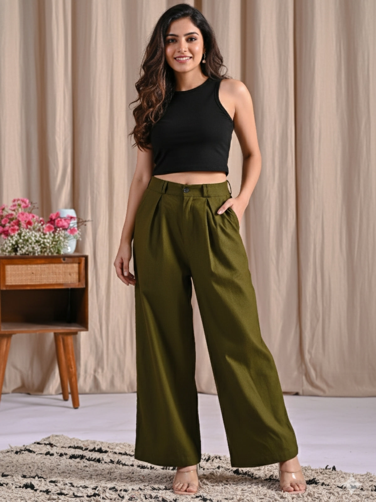 Mehndi & Wine-Cotton Wide Leg Pants Combo