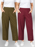 Mehndi & Wine Cotton Straight Cargo Pant Combo
